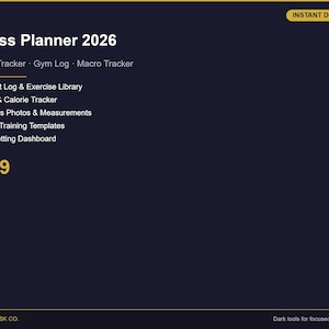 May include: A dark blue digital fitness planner titled "Fitness Planner 2026" with gold text. Features include workout log, macro tracker, and goal setting. The words "Instant Download" are in a gold rectangle in the upper right corner.