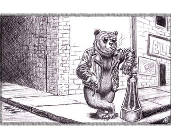 Bad boy bear,  W 11 x L 8.5, black and white, graphite drawing print