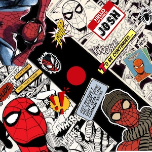 May include: A collage featuring Spider-Man comic book panels with red, black, and white graphics. Elements include a red circle, a name tag reading HELLO MY NAME IS JOSH, and text bubbles saying DUDE, FWOOSH, and JUST BECAUSE I HAD SPIDER SENSE.