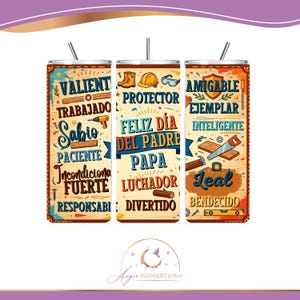 Puede incluir: Tres vasos cilíndricos con pajitas que presentan un fondo de veta de madera clara y gráficos de construcción. El texto incluye Valiente, Trabajador, Sabio, Paciente, Fuerte, Responsable, Protector, Feliz Día Del Padre, Papa, Luchador, Divertido, Amigable, Ejemplar, Inteligente, Leal y Bendecido.