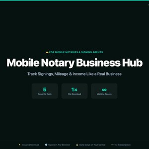 May include: A digital interface titled Mobile Notary Business Hub for mobile notaries and signing agents. It features text to track signings, mileage, and income, plus icons for 5 powerful tools, 1x file download, and lifetime access on a dark background.