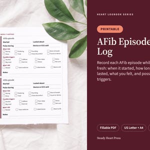 May include: A printable AFib Episode Log document from the Heart Logbook Series. The white paper features two identical sections with checkboxes for tracking pulse, symptoms, triggers, and actions taken during an episode, with text in English.