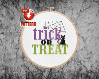 Truco o trato - Patrón moderno de punto de cruz para Halloween - Decoración navideña - Decoración de Halloween - DESCARGA INSTANTÁNEA