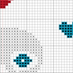 May include: A cross stitch pattern featuring a red heart, a teal blue circle with a smaller teal blue circle inside, and a teal blue heart.