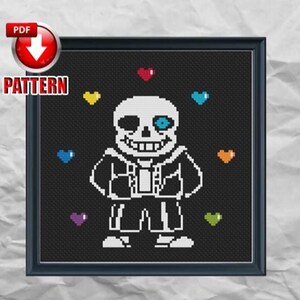 May include: Cross stitch pattern featuring a pixelated image of Sans from the video game Undertale. Sans is depicted with a blue eye and a white smile, surrounded by six multi-colored hearts.