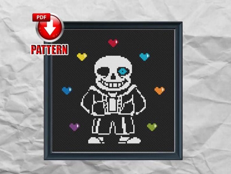 May include: Cross stitch pattern featuring a pixelated image of Sans from the video game Undertale. Sans is depicted with a blue eye and a white smile, surrounded by six multi-colored hearts.