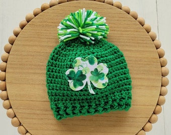 0 to 3 month, 3 to 6 month, 6 to 12 month, St. Patrick's Day Baby Hat, Baby Patch Beanie, Green Shamrock Infant Hat