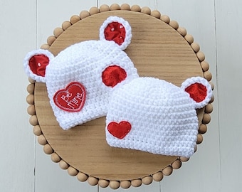 Valentine's Baby Bear Beanie, Heart Hat, Valentines Baby, Unisex Newborn Hat