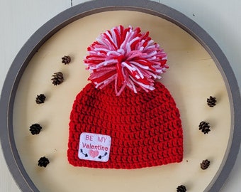 3 to 6 Month Valentine Baby Hat, Baby Valentine's Day Beanie, Crochet Winter Hat, Red, Baby Girl Hat