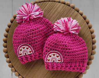 0 to 3 or 3 to 6 month Baby's First Valentine's Day Hat, Baby Patch Beanie