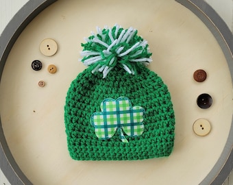 0 to 3 month, 3 to 6 month, 6 to 12 month, St. Patrick's Day Baby Hat, Shamrock Baby Hat, Winter Baby Hat, Baby Patch Hat, Plaid Baby Hat