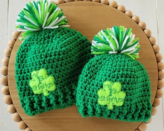 0 to 3 month, 3 to 6 month or 6 to 12 months, St. Patrick's Day Baby Hat, Green Shamrock Infant Hat, My First St. Pattys Day