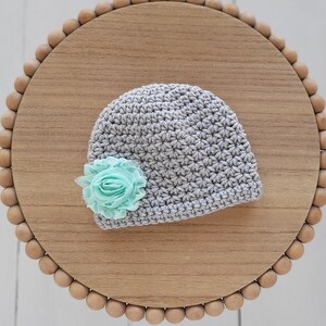 0 to 3 Month Baby Girl Hat, Gray Baby Girl Beanie, Baby hat with Flower, Baby Girl Gift