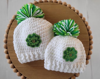 0 to 3 month, 3 to 6 month or 6 to 12 months, St. Patrick's Day Baby Hat, Baby Patch Beanie, White Shamrock Infant Hat