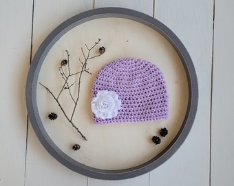 0 to 3 month Baby Girl Hat, Crochet Girl Winter Hat, Purple Beanie