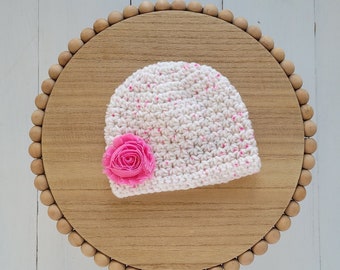 3 to 6 month Baby Girl Spring Hat, Crochet Hat with Flower, Spring Hat, Pink and White Baby Hat