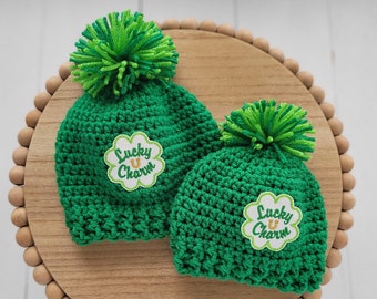 0 to 3 months, 3 to 6 months, or 6 to 12 months St. Patrick's Day Baby Hat, Baby Patch Beanie, Lucky Charm, Unisex Winter Baby Hat