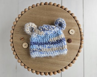 Newborn Bear Baby Boy Hat, Bear Ear Hat, Stripe Baby Hat, Blue Boy Bear Hat, Baby Boy Hospital Hat