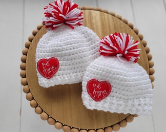 0 to 3 or 3 to 6 month Baby's First Valentine's Day Hat, Baby Patch Beanie, Be Mine Valentine