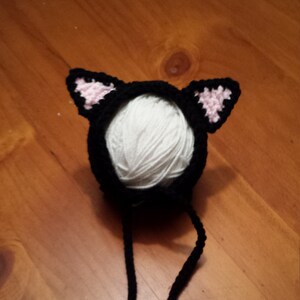 May include: Black crocheted cat hat with pink ears and long black yarn tails.