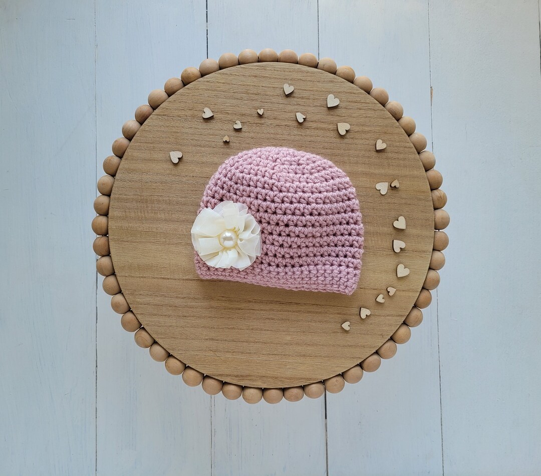 0 to 3 Month Baby Girl Hat, Pink Infant Beanie, Dusty Pink Hat With