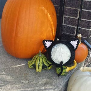 May include: A black crocheted cat with pink ears and white yarn inside, sitting on a porch with a large orange pumpkin, a small green gourd, and a white gourd.