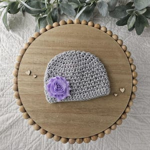 0 to 3 Month Baby Girl Hat, Gray Baby Girl Beanie, Baby hat with Flower, Baby Girl Gift