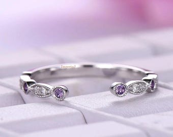 Alternating Amethyst Diamond Open Band, Sterling Silver Half Eternity Ring