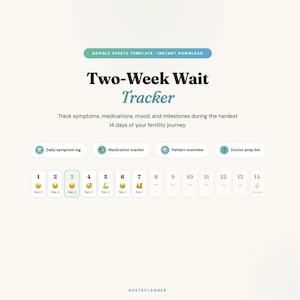 Wachttijdtracker van twee weken | IVF-symptomenlogboek, vruchtbaarheidsdagboek (Google Spreadsheets)