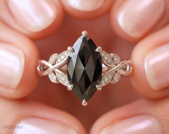 Bague marquise en moissanite noire 2 carats, bague de fiançailles feuille elfique et vigne, or ou argent massif 10 carats/14 carats/18 carats, bague inspirée de la nature gothique