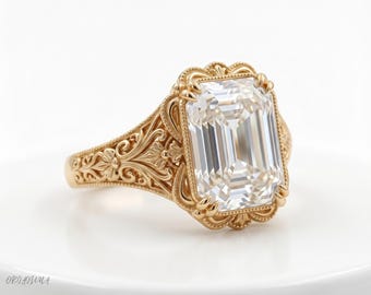 Emerald Cut Moissanite Ring 3ct Vintage Yellow Gold Engagement Ring Art Deco Filigree Victorian Wedding Band Unique Statement Jewelry