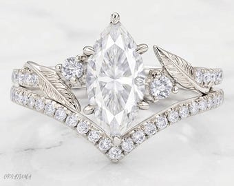 Zestaw pierścionków z moissanitem markizowym, pierścionek zaręczynowy z motywem liści winorośli, zestaw obrączek ślubnych inspirowanych naturą, lite złoto 10K, 14K, 18K