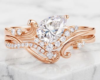 Pear Moissanite Engagement Ring Set, Rose Gold Leaf Vine Ring, Nature Inspired Bridal Set, Solid Gold 10K 14K 18K, Unique Wedding Ring
