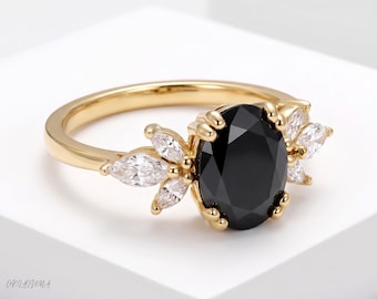 Anillo ovalado de diamante negro, anillo de compromiso con hoja de oro, anillo inspirado en la naturaleza, anillo de compromiso alternativo único, anillo de promesa de estilo vintage.