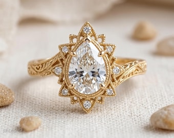2ct Pear Moissanite Ring | Vintage Starburst Halo Engagement Ring | Engraved Gold Teardrop | Sunburst Lotus Ring 10K 14K 18K Gold or Silver
