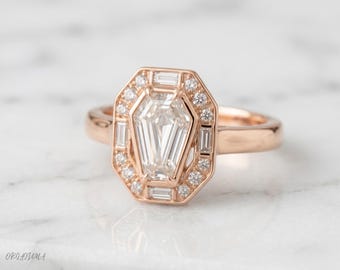 コフィンカットモアッサナイト婚約指輪、オクタゴンバゲットハローリング、ゴシックローズゴールドプロミスリング、アールデコ風ブライダルカスタムリング
