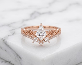 Anillo de moissanita con forma de cometa, anillo de compromiso vintage de oro rosa, anillo nupcial floral, alianza única con diseño de marquesa, anillo de promesa de oro macizo de 14 quilates.