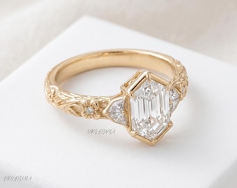 2ct Hexagon Moissanite Ring Three Stone Engagement Ring Gold Hexagon Diamond Ring Gold Silver 10k 14k 18k Bezel Custom Wedding Ring