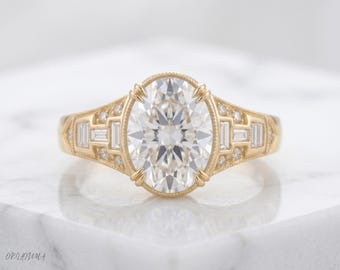 Oval Moissanite Engagement Ring, Vintage Art Deco Ring, Rose Gold Milgrain Ring, Baguette Side Stone Ring, Unique Bridal Ring for Women