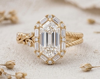 Niederländischer Marquise Moissanit Verlobungsring, 2 Karat Art Deco Baguette Halo, asymmetrisches, gedrehtes Blumenband, Vintage-Ring aus 14k 18k Gold