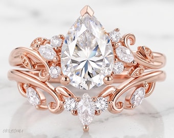 Pear Cut Moissanite Engagement Ring Set, Vintage Floral Wedding Ring, Yellow Gold Leaf Vine Bridal Set, Nature Inspired Promise Ring