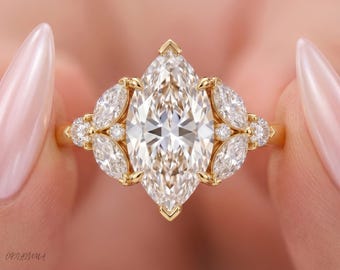 Marquise Moissanite Engagement Ring, Vintage Leaf Diamond Ring, Nature Inspired Bridal Ring, Solid Gold 10K 14K 18K, Unique Wedding Ring