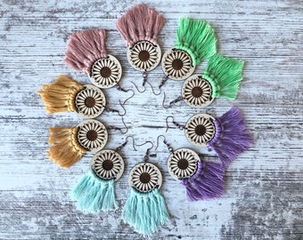 LARGE Cotton and Wood Sunflower macrame earrings