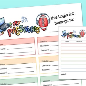 Op de afbeelding: Een afdrukbaar wachtwoordlogblad met een kleurrijke cartoon van een laptop en de woorden "Mijn wachtwoorden" in regenboogkleuren. Het blad heeft ruimte om website, gebruikersnaam en wachtwoord te schrijven. De tekst "Deze inloglijst behoort toe aan:" staat bovenaan het blad.