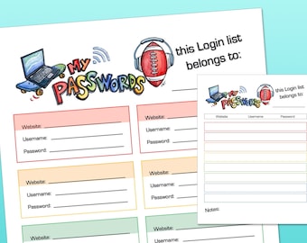 Password List For Kids // Boys And Girls Password Tracker // Back To School Login List // Password Keeper // Instant Download // Printable