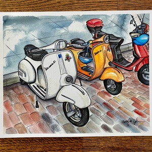 Scooters Art Print // Memphis Watercolor Painting // Vintage Scooter Trio image 1