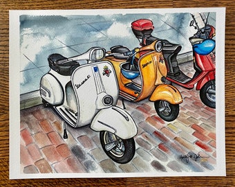 Scooters Art Print // Memphis Watercolor Painting // Vintage Scooter Trio