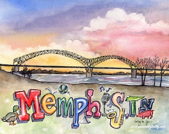 Memphis Bridge Sunset Art Print // Memphis, TN Watercolor Painting // Mississippi River