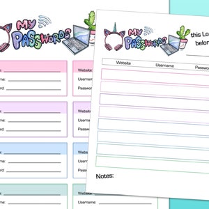 Op de afbeelding: Een printbaar wachtwoordlogblad met een eenhoorn- en laptopontwerp. Het blad heeft secties voor website, gebruikersnaam en wachtwoord. Het bevat ook een sectie voor notities. De tekst "Mijn wachtwoorden" staat bovenaan het blad.