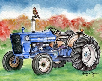 Blue Ford Tractor Watercolor Art Print // Farm and Field Painting // Farmer Painting Gift